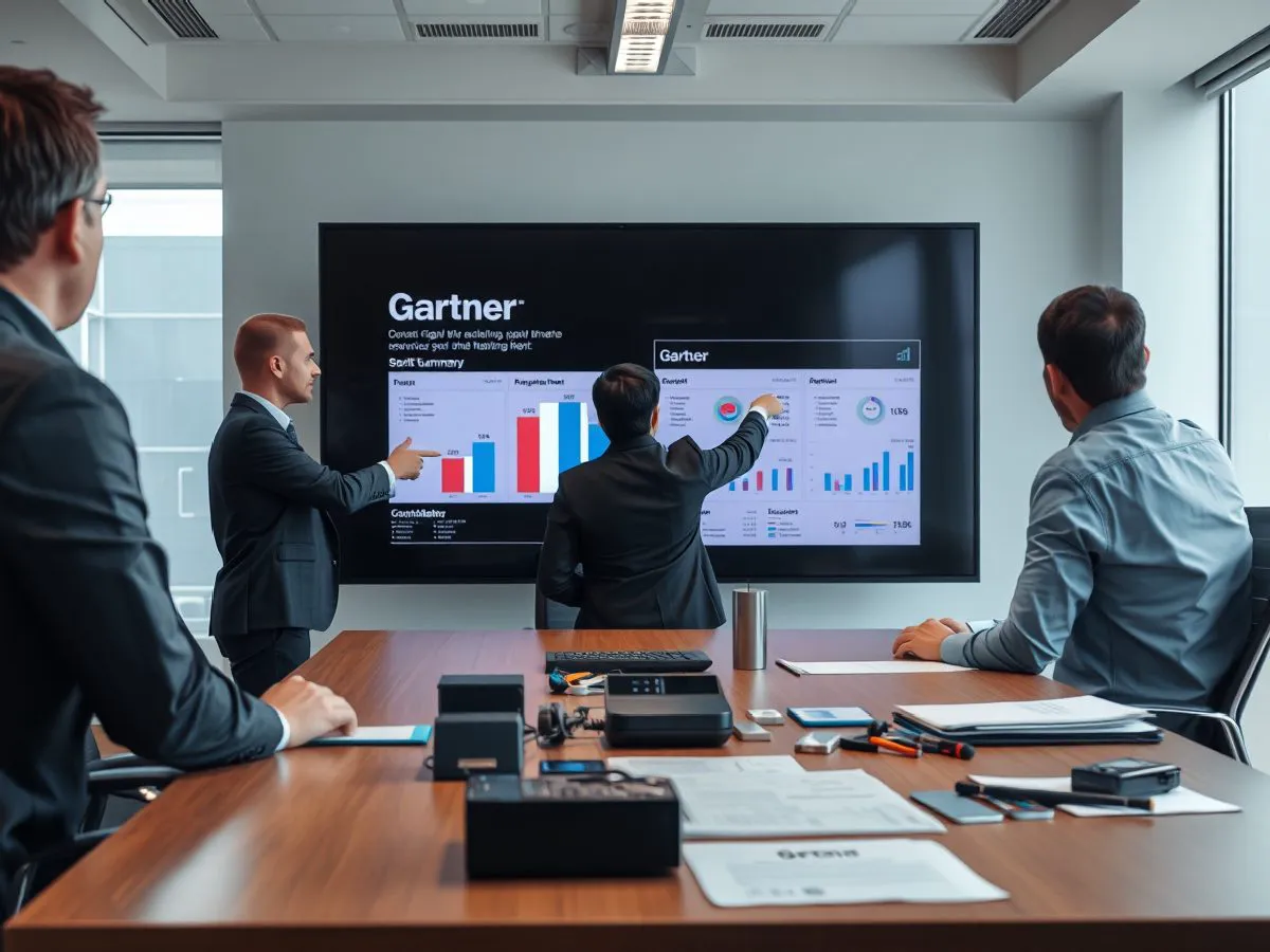 团队在会议室中查看Gartner行业报告